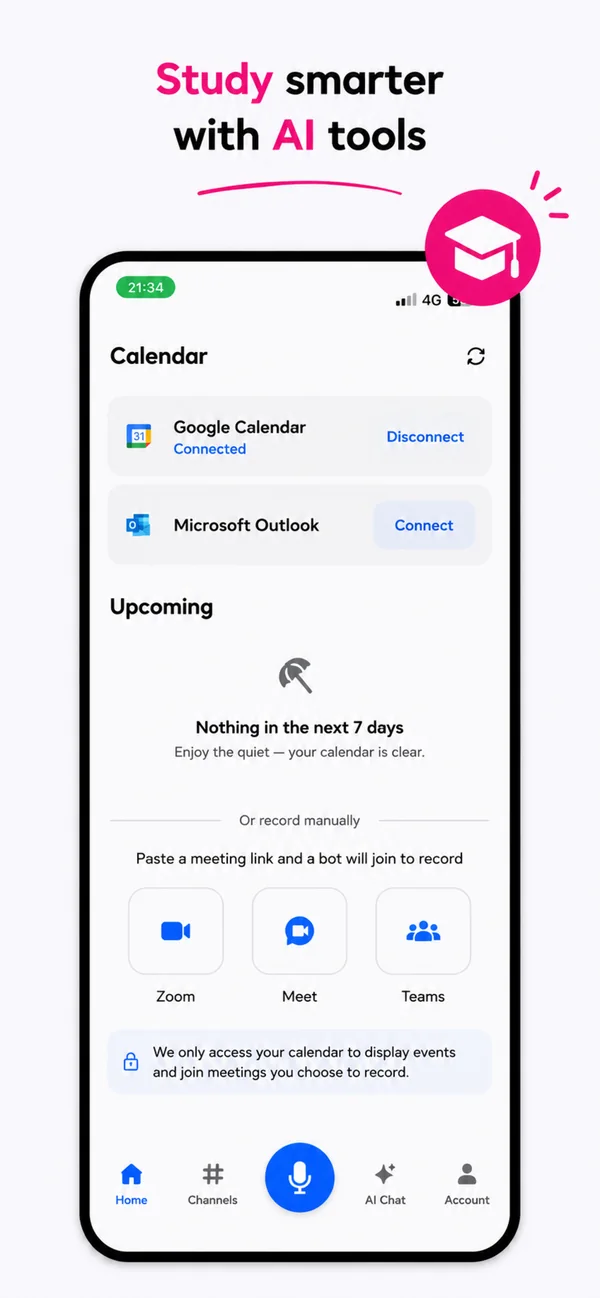 VibeNote calendar screen connected to Google Calendar with Zoom, Meet and Teams meeting bots