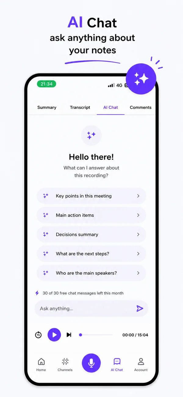VibeNote AI Chat tab suggesting questions to ask about the recording