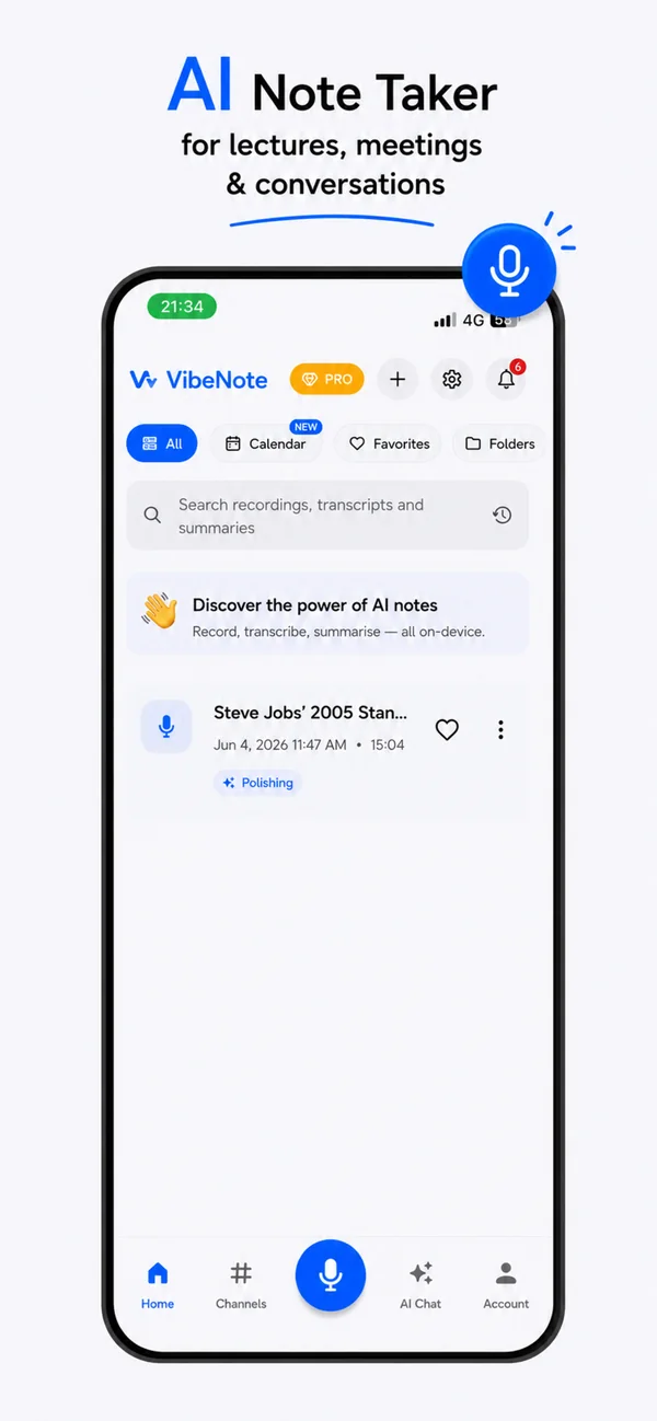 VibeNote home screen showing a searchable list of recordings with AI processing status