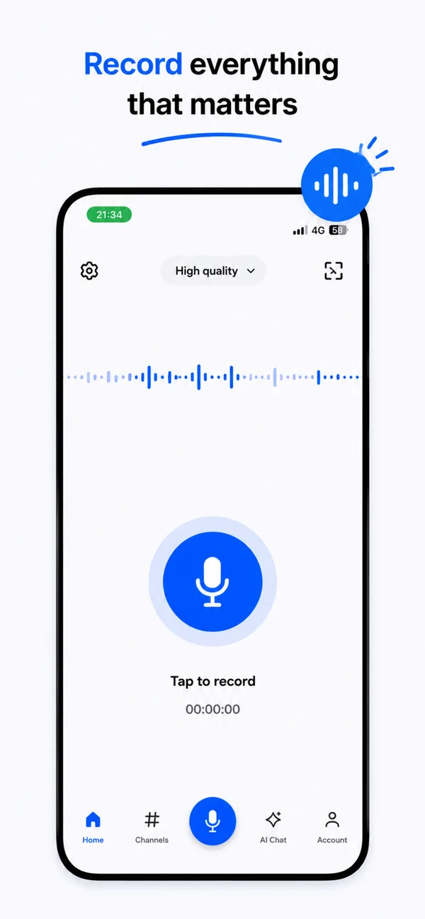 VibeNote recording screen with a live waveform and high-quality capture setting