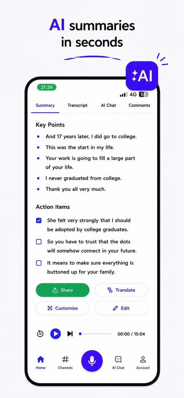 VibeNote summary tab listing AI-generated key points and checkable action items