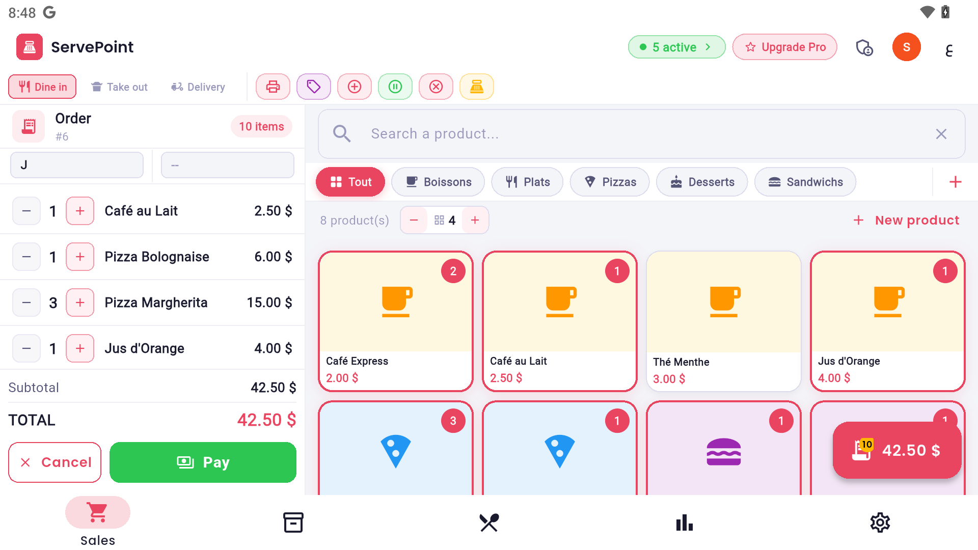 ServePoint order management screen