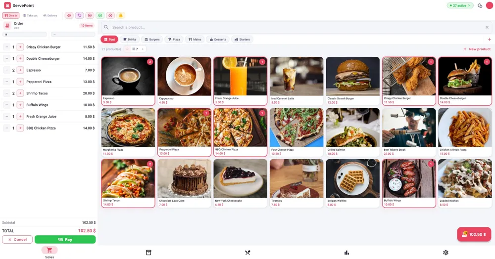 ServePoint order screen with menu categories, items and checkout