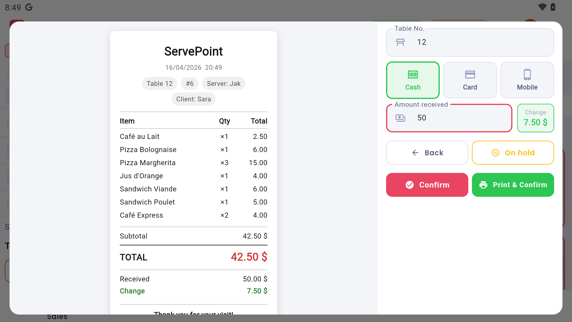 ServePoint payment and receipt screen