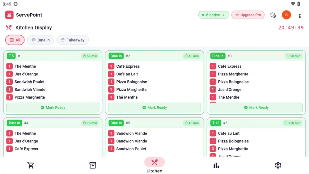 ServePoint kitchen display showing orders and preparation status